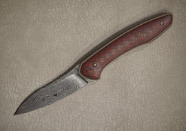 Cheburkov Knife Russian with Insert, Steel Damascus, Handle Red Carbon, Bronze Anodized Titanium