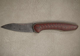 Cheburkov Knife Russian with Insert, Steel Damascus, Handle Red Carbon, Bronze Anodized Titanium