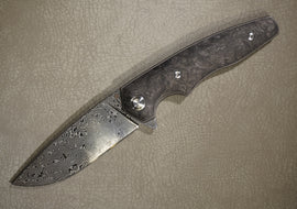 Cheburkov Knife Killer Whale, Steel Damascus, Handle Black Marbled Carbon Both Sides, Gray Anodized Titanium