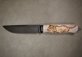 Knife Tiger, Steel Damascus, Handle Elk Horn, Through Handle Technology