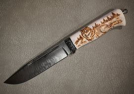 Knife Wolf, Steel Damascus, Handle Elk Horn, Through Handle Technology