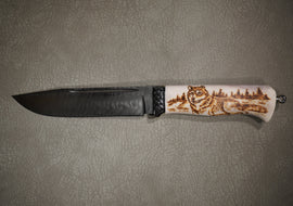 Knife Wolf, Steel Damascus, Handle Elk Horn, Through Handle Technology
