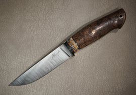 Knife Scout, Steel S390, Handle Stabilized Karelian Birch, Mammoth Tooth, Mosaic Pins, HRC 67