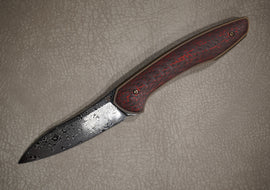 Cheburkov Knife Russian with Insert, Steel Damascus, Handle Red Black Carbon, Bronze Anodized Titanium