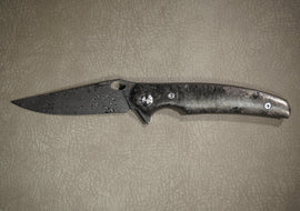 Cheburkov Knife Crow Marble Carbon Both Sides, Steel Damascus, Handle Marble Carbon Gray Anodized Titanium