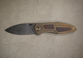 Cheburkov Knife Toucan With Red and Black Inserts, Steel Damascus, Handle Bronze Titanium