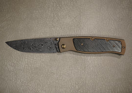 Cheburkov Knife Sparrow Large With Insert, Steel Damascus, Handle Black Carbon Bronze Titanium