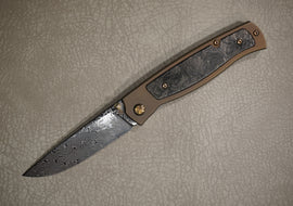 Cheburkov Knife Sparrow Small with Marble Carbon Insert, Steel Damascus, Handle Bronze Anodized Titanium