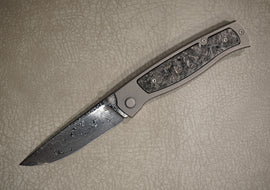 Cheburkov Knife Sparrow Small with Marble Carbon Insert, Steel Damascus, Handle Gray Anodized Titanium