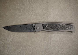 Cheburkov Knife Sparrow Small with Marble Carbon Insert, Steel Damascus, Handle Gray Anodized Titanium
